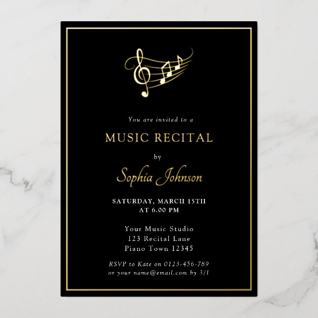 Invitación Con Relieve Metalizado Concierto musical de oro elegante (Anverso)