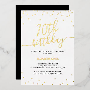 Invitación Con Relieve Metalizado Confeti de Caligrafía Dorada Cumpleaños 70 