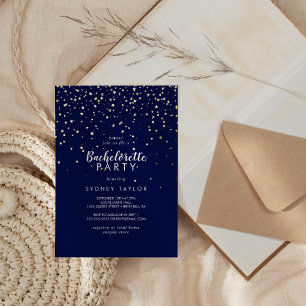 Invitación Con Relieve Metalizado Confeti de Oro Fiesta de Soltera Azul Marino en Or