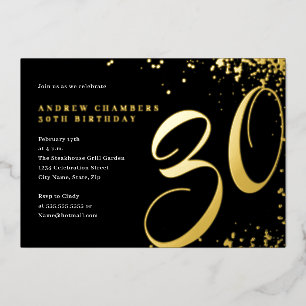 Invitación Con Relieve Metalizado Confeti de Oro Negro Cumpleaños 30 