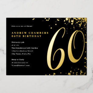 Invitación Con Relieve Metalizado Confeti de Oro Negro Cumpleaños 60