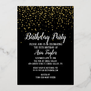 Invitación Con Relieve Metalizado Confeti de Oro sobre Cumpleaños Negro de Fiesta de