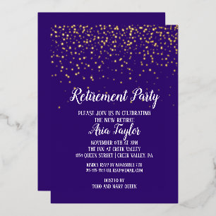Invitación Con Relieve Metalizado Confeti de oro sobre fiesta de jubilación púrpura