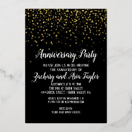 Invitación Con Relieve Metalizado Confeti Dorado en Fiesta de Aniversario Negro Dora