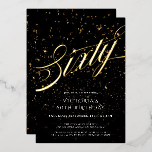 Invitación Con Relieve Metalizado Confeti Negro Dorado Elegante Cumpleaños Sesenta 6