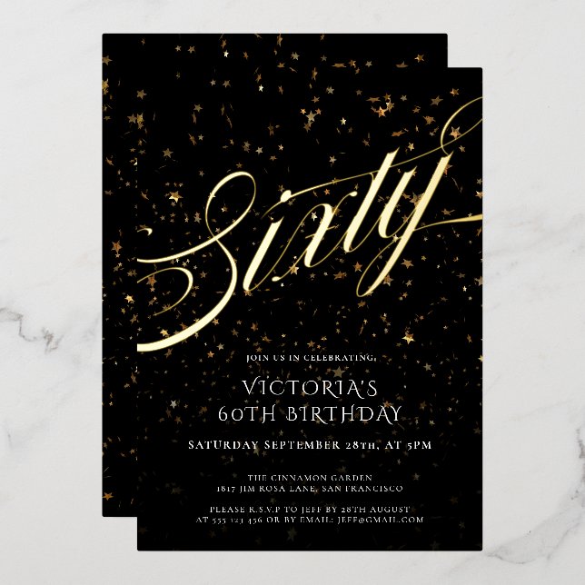 Invitación Con Relieve Metalizado Confetti Black Gold Elegant Sesenta y sesenta cump (Anverso/Reverso)