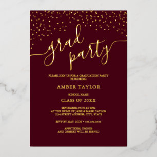 Invitación Con Relieve Metalizado Confetti Burgundy Gold Photo Graduation Party