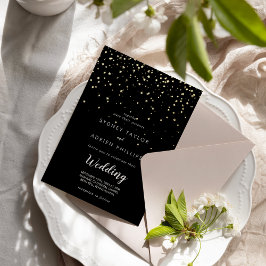 Invitación Con Relieve Metalizado Confetti de oro|Boda informal negro Real Gold