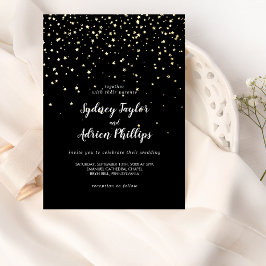 Invitación Con Relieve Metalizado Confetti de oro|Boda negro de casuales oro real