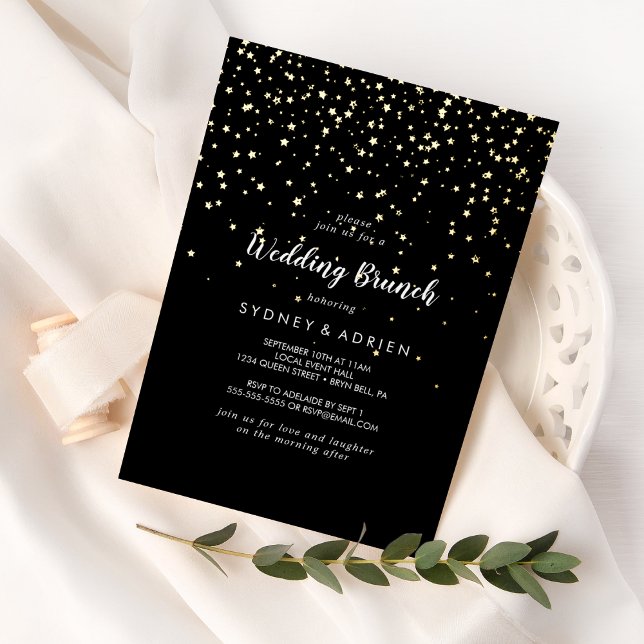 Invitación Con Relieve Metalizado Confetti de oro|Brunch Boda negro (Subido por el creador)