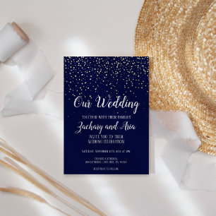Invitación Con Relieve Metalizado Confetti de oro Naval nuestro Boda