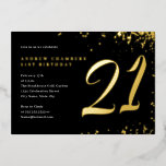 Invitación Con Relieve Metalizado Confetti de oro negro 21º cumpleaños<br><div class="desc">Más invitaciones divertidas de cumpleaños en la Pequeña Tienda Bayleigh!</div>
