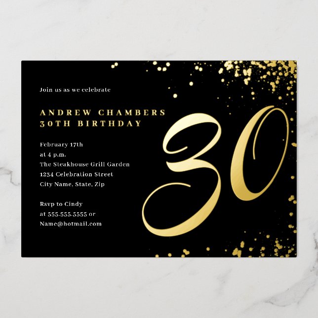 Invitación Con Relieve Metalizado Confetti de oro negro 30 cumpleaños (Anverso)