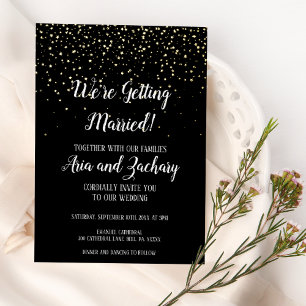 Invitación Con Relieve Metalizado Confetti de oro Negro nos estamos casando con Boda