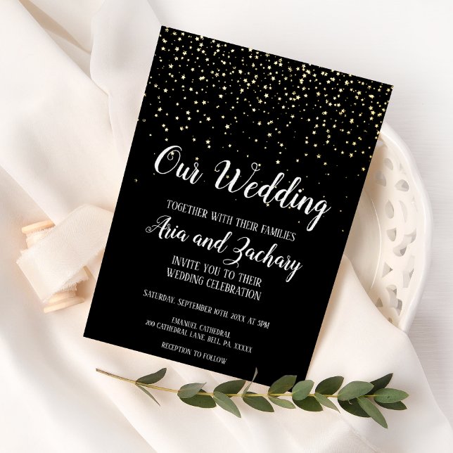 Invitación Con Relieve Metalizado Confetti de oro|Negro nuestro Boda (Subido por el creador)