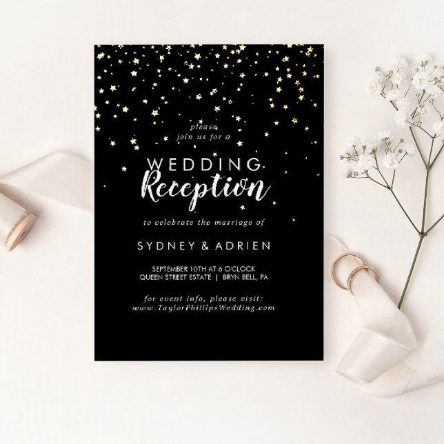 Invitación Con Relieve Metalizado Confetti de oro|Recepción de boda negra solamente (Subido por el creador)