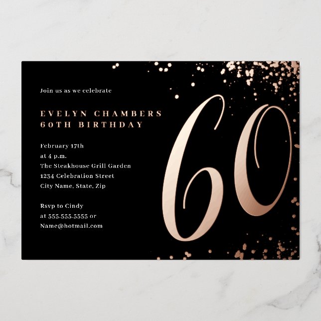 Invitación Con Relieve Metalizado Confetti de oro Rosa 60 cumpleaños (Anverso)