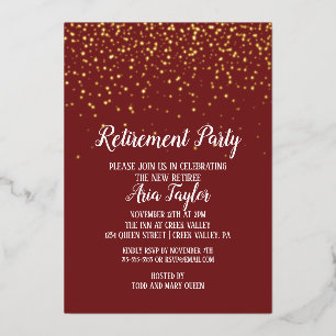 Invitación Con Relieve Metalizado Confetti de oro sobre oro para la jubilación de Bo