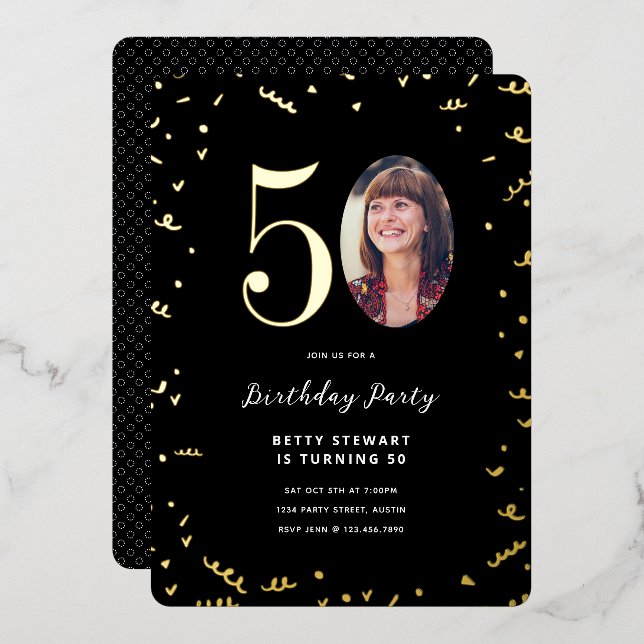 Invitación Con Relieve Metalizado Confetti de oro y fiesta de cumpleaños número 50 (Anverso/Reverso)