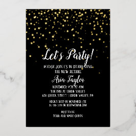 Invitación Con Relieve Metalizado Confetti Fiesta sobre el oro negro de la jubilació