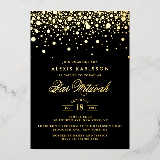 Invitación Con Relieve Metalizado Confetti negro y Relieve metalizado dorado puntos  (Anverso)