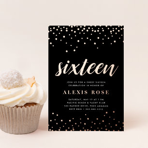 Invitación Con Relieve Metalizado Confetti Pop Dulce Dieciséis Años Rosa Oro
