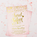 Invitación Con Relieve Metalizado Confetti rosado y dorado dulce 16 Fiesta<br><div class="desc">Esta hermosa y dulce invitación de dieciséis es perfecta para cualquier chica elegante. El borde superior de confetti, Sweet Sixteen con infarto y lenguaje de invitación se acentúan en Relieve metalizado prensado sobre un fondo rosa suave y ligeramente texturado. Una magnífica invitación que es justo para una divertida y memorable...</div>