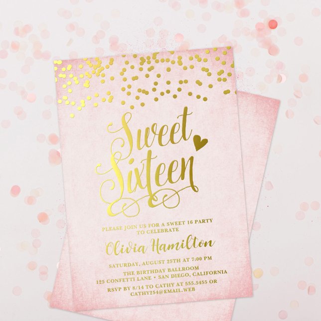 Invitación Con Relieve Metalizado Confetti rosado y dorado dulce 16 Fiesta (Subido por el creador)