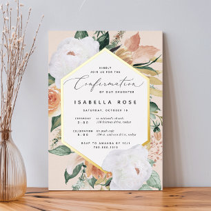 Invitación Con Relieve Metalizado Confimación floral moderna boho