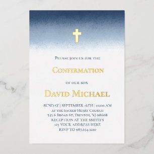 Invitación Con Relieve Metalizado Confirmación acuarela azul oscuro