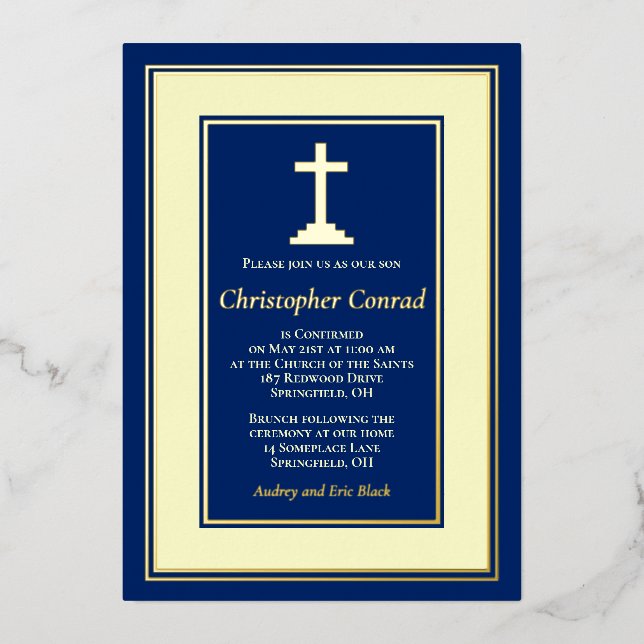 Invitación Con Relieve Metalizado Confirmación católica de Relieve metalizado dorado (Anverso)