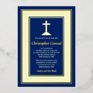 Invitación Con Relieve Metalizado Confirmación Católica Navy Real Hoja de Oro
