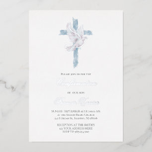 Invitación Con Relieve Metalizado Confirmación cruz azul Espíritu Santo