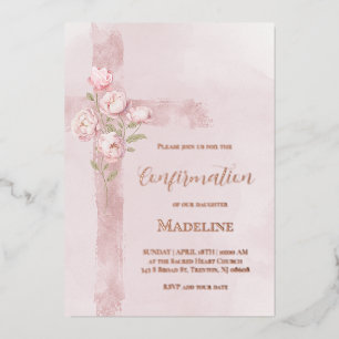 Invitación Con Relieve Metalizado confirmación de cruz de peonías rosas acuarela