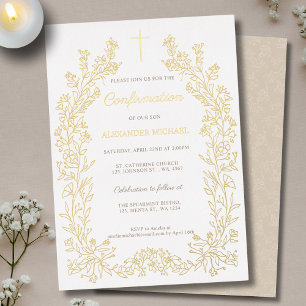 Invitación Con Relieve Metalizado Confirmación de cruz floral moderna