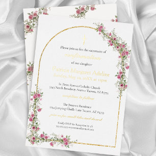 Invitación Con Relieve Metalizado Confirmación de Cruz y Arco de Oro Rosa Moderno