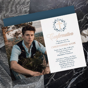 Invitación Con Relieve Metalizado Confirmación de foto de Blue Watercolor Wreath Boy