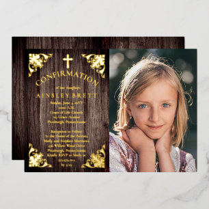 Invitación Con Relieve Metalizado Confirmación de foto de niña de madera rústica de 