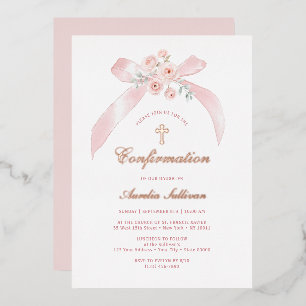 Invitación Con Relieve Metalizado Confirmación de lazo rosa floral