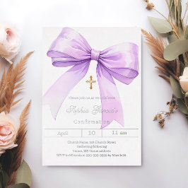 Invitación Con Relieve Metalizado Confirmación de niña con lazo de lavanda plateado