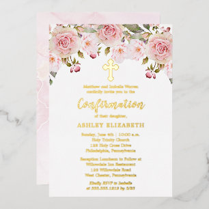 Invitación Con Relieve Metalizado Confirmación de niña floral acuarela rosa rubor