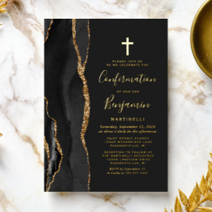Invitación Con Relieve Metalizado Confirmación de oro de Black Agate