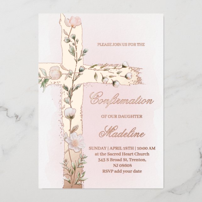 Invitación Con Relieve Metalizado confirmación floral de la cruz sagrada (Anverso)
