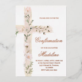 Invitación Con Relieve Metalizado confirmación floral de la cruz sagrada