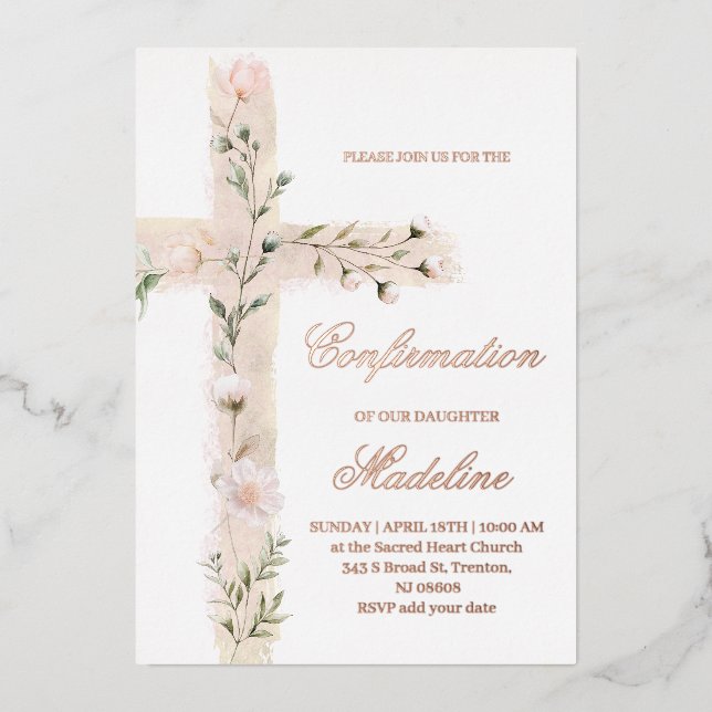 Invitación Con Relieve Metalizado confirmación floral de la cruz sagrada (Anverso)