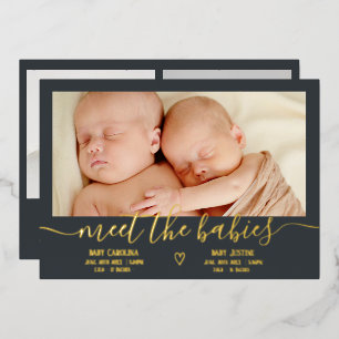 Invitación Con Relieve Metalizado Conozca el guión de los bebés oro 3 foto nacimient