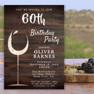 Invitación Con Relieve Metalizado Copa de vino dorada rústica madera 60 cumpleaños