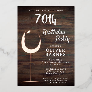 Invitación Con Relieve Metalizado Copa de vino dorado rústico madera 70 cumpleaños