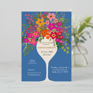 Invitación Con Relieve Metalizado Copa de vino para Brunch Floral Bridal Shower