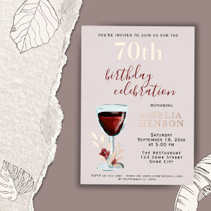 Invitación Con Relieve Metalizado Copa de Vino Tinto Rústica Rosa Botánica Cumpleaño